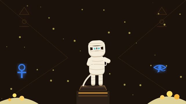 Animated mummy character dancing on a pedestal in space with ancient Egyptian symbols.