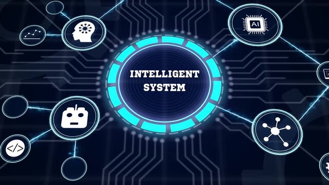 Futuristic smart infrastructure animation focusing on intelligent system control panels with neon automation vectors and robotic data networks.