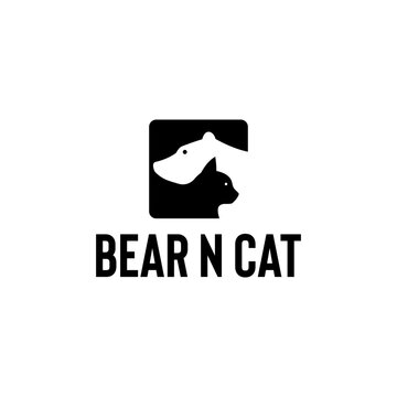 Modern animal logo featuring a bear and cat combined into a single negative space silhouette. The minimalist vector design symbolizes harmony, companionship, and balance, ideal for pet brands