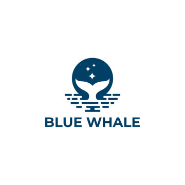 Modern whale logo featuring a tail silhouette beneath a moon and sparkling stars above reflective water. The minimalist vector design symbolizes tranquility, freedom, and ocean life