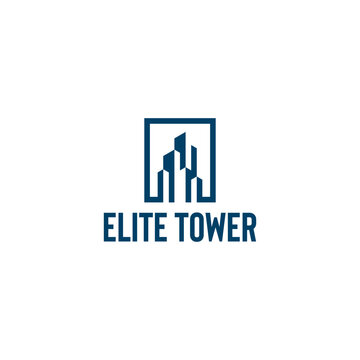 Modern building logo featuring abstract skyscrapers enclosed in a geometric frame. The minimalist vector design symbolizes strength, growth, and urban development, ideal for real estate, construction