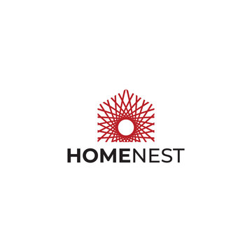 Abstract home logo featuring a house formed by branching lines with a central nest-inspired circle. The minimalist vector design symbolizes safety, growth, connection