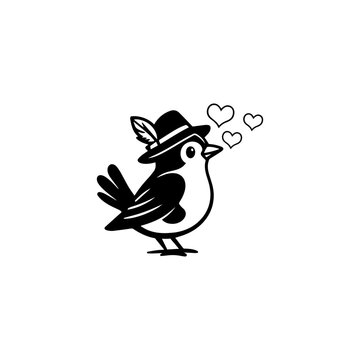 Cute bird mascot logo wearing a hat with floating hearts in a playful cartoon style. This charming vector design symbolizes love, friendship, happiness, and creativity, ideal for branding, gifts,