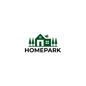Modern logo featuring a cozy house surrounded by pine trees in a clean, minimalist style. Symbolizing peaceful living, nature, community, and residential comfort