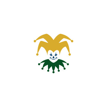 Modern mascot logo featuring a cheerful jester face with a classic two-tone jester hat in a clean symmetrical design. The playful vector illustration represents entertainment, creativity, fun