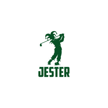 Modern mascot logo featuring a jester swinging a golf club in a bold silhouette style. Combining playful character design with golfing spirit, this clean vector illustration is ideal for golf clubs