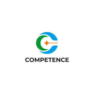 Modern abstract logo featuring a stylized letter C combined with a sparkling star in a dynamic circular form. The clean minimalist vector design symbolizes competence, excellence