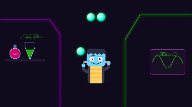 Animated Frankenstein Character Juggling Glowing Orbs in a Scientific Laboratory Setting.