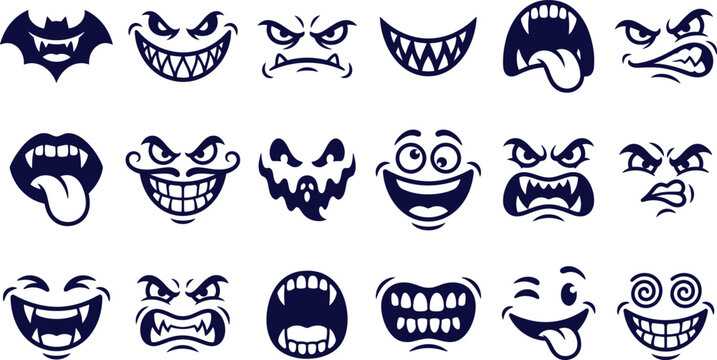 Black and white of various cartoon animal faces and heads