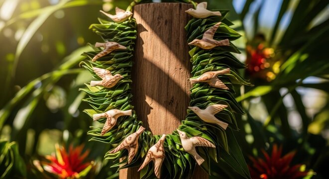 Woven Palm Leaf Lei with Carved Wooden Birds, 147