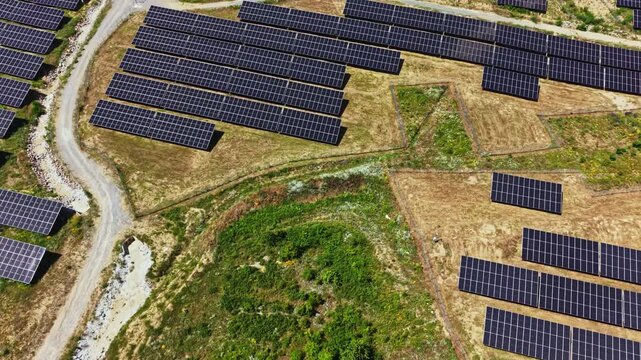 Rows of solar panels are arranged in a field with some grass and bushes in between. A dirt path runs through the area under a clear blue sky.