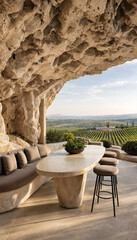 Fototapeta premium Luxury stone cave wine cellar tasting area overlooking sunny italian vineyard landscape with vineyard landscape barstools architecture interior relaxing elegance hospitality lifestyle