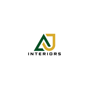 Modern interior logo featuring stylized AJ initials with clean geometric lines. The minimalist vector design conveys creativity, professionalism, and architectural elegance