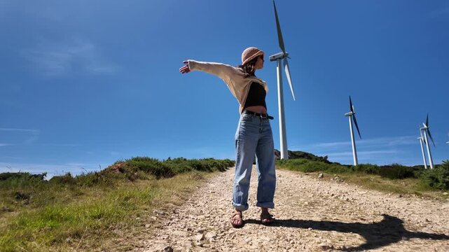Woman spreading her arms on a sunny wind farm trail