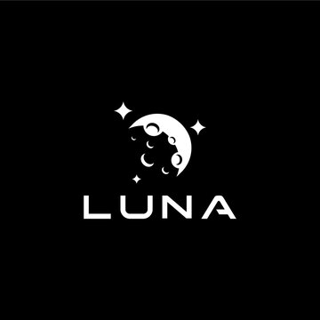 Modern logo featuring an abstract crescent moon with crater details surrounded by sparkling stars. The minimalist vector design symbolizes mystery, dreams, night, and celestial beauty 