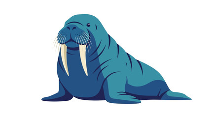 Illustration of a blue walrus with large tusks, sitting on a white background, cartoon style © Wismilak