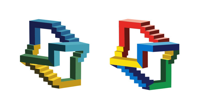 Impossible Staircase Optical Illusion, Penrose Triangle, Abstract Geometric Art, Colorful 3D Rendering
