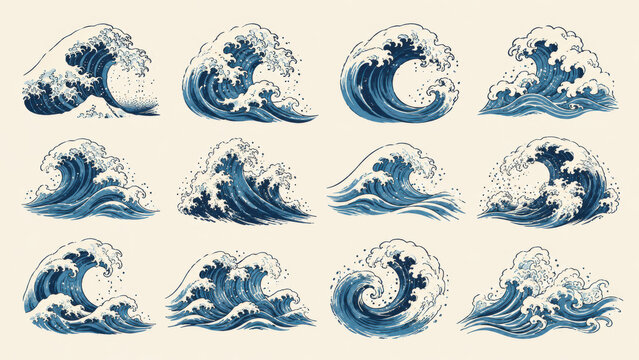 Set of blue water splash icons and ocean wave design elements