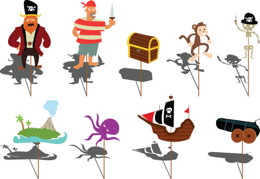 Colorful pirate themed cartoon figures and objects isolated on transparent background for creative projects