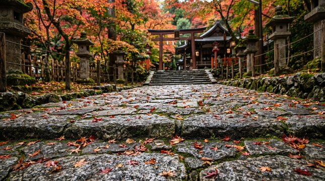  Close-up of ancient stone pathway mapple leaf stone