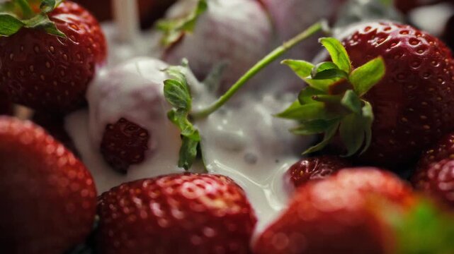 Close-up of pouring yogurt covering ripe strawberries in a bowl. Concept for making a healthy dessert with a natural white yogurt topping