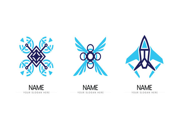 Futuristic tech logo set with aircraft
