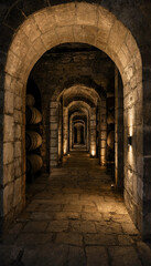 Obraz premium Narrow ancient stone wine cellar hallway with series of rustic archways and soft warm accent lighting basement corridor architecture interior historical lighting construction heritage