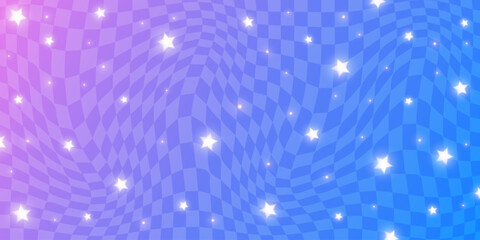 Y2k background with pink and blue soft gradient and cute stars. Aesthetic abstract retro poster with pattern of grid and sparkles. Geometric checkered trendy purple bg. Vector © Chorna_L