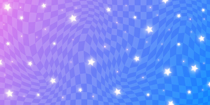 Y2k background with pink and blue soft gradient and cute stars. Aesthetic abstract retro poster with pattern of grid and sparkles. Geometric checkered trendy purple bg. Vector