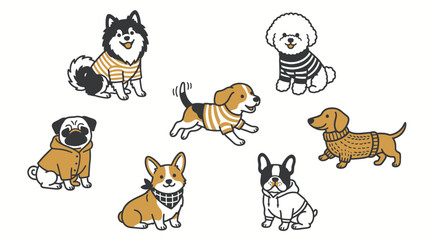 Fototapeta premium Collection of dogs wearing stylish sweaters and winter outfits.