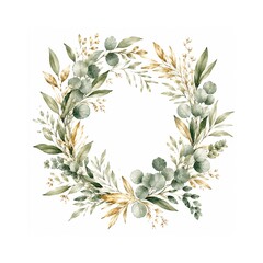 Fototapeta premium Elegant Watercolor Green Eucalyptus and Gold Foliage Botanical Wreath Isolated on White Background