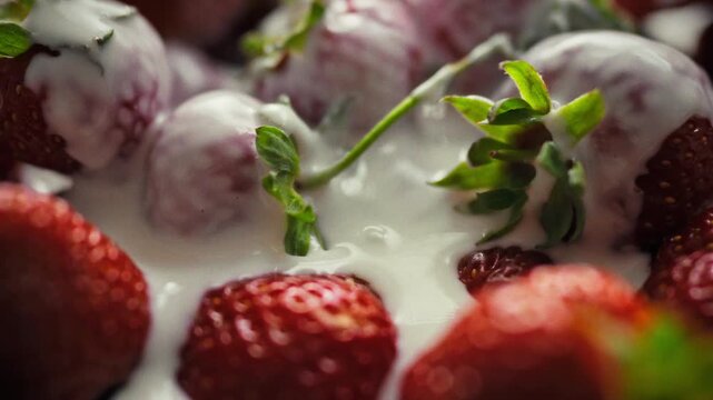 Close-up of strawberries with green leaves, drizzled with sour cream, on a plate. Concept for a low-sugar, high-nutrient diet dessert
