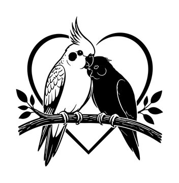 Cockatiels sitting together on a branch inside a heart shape symbolize eternal love and companionship for the devoted bird enthusiast.