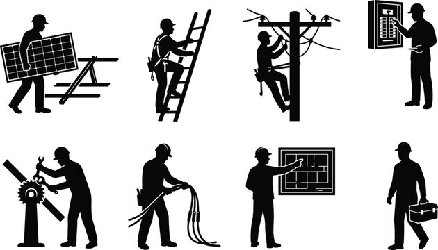 Professional electrician and lineworker silhouette icon set featuring electrical installation repair and green energy workers on white background