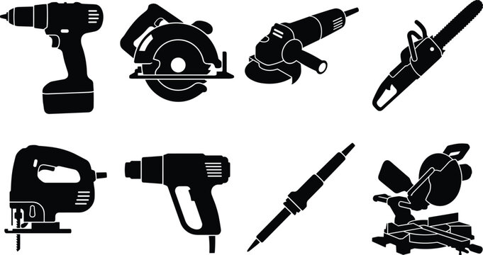 Power tools and construction equipment black silhouette icon set including drill circular saw jigsaw and miter saw isolated on white background