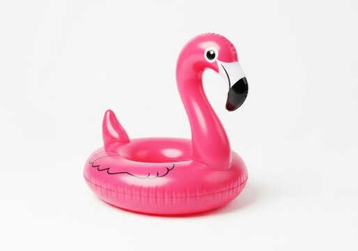 A pink inflatable flamingo pool float on a white background for summer fun and relaxation