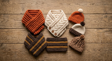 Fototapeta premium knitted winter clothing photo for cozy apparel flat lay with hats and scarves