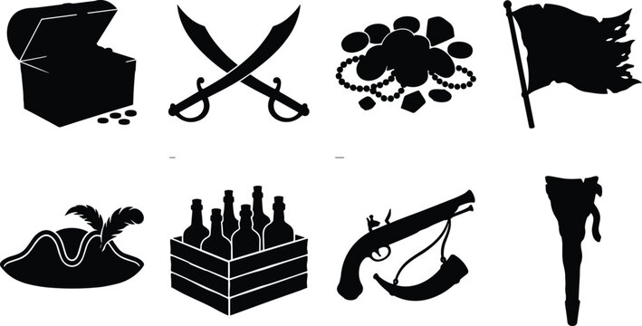Pirate elements black silhouette icon set with treasure chest crossed swords tattered flag and flintlock pistol isolated on white background