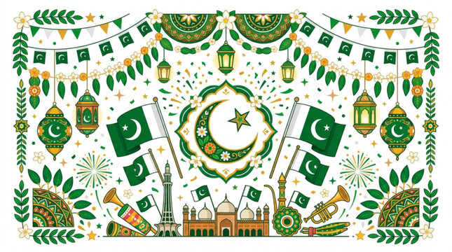Pakistan independence day celebration illustration with green flags