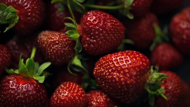 Close-up view shows fresh red strawberries with green leaves spread on wooden table, the top-down angle captures the fruit's berry texture and structure, showing the natural appearance of the produce