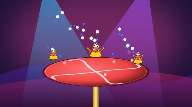 Animated Cartoon Characters Performing on a Spinning Red Stage with Sparkling Effects.