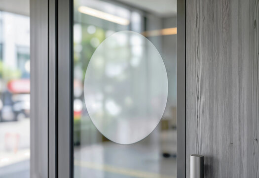 Blank transparent round sticker on glass door entrance, ai generated. Empty branding minimal sign on storefront or office windows. Circle promotion or advertising label on glassy surface.