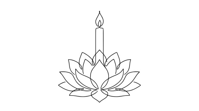 Single Line Drawing of Lotus Flower Krathong with Candle Flame
