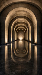Obraz premium Minimalist stone corridor with repeating vaulted arches and reflective floor in luxury interior corridor architecture interior minimalist lighting reflection perspective structure