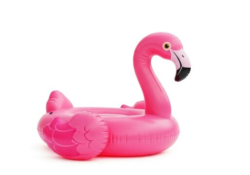 A pink inflatable flamingo pool float on a white background for summer fun and relaxation