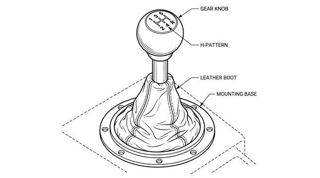 Black‑and‑white line drawing of a manual car gear shift lever with knob, gear pattern, and flexible boot detailing realistic folds.