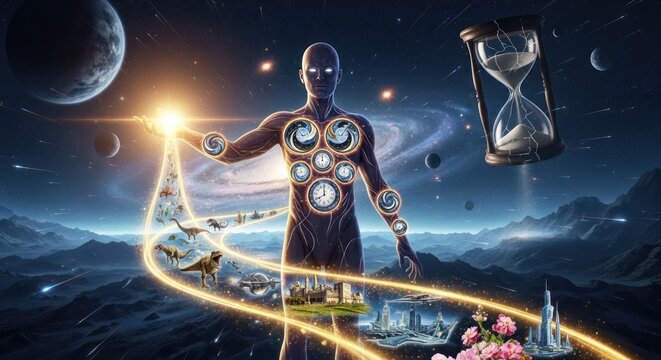 Surreal cosmic entity holding a glowing stream of time with dinosaurs and futuristic cities against a deep space background featuring a floating hourglass and planets in a dark galaxy setting