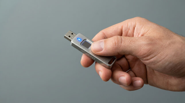 USB flash drive hand holding key data storage digital security portable device technology electronic gadget thumb pressing button gray background