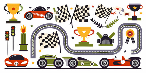 Obraz premium Racing Trophies Flags And Cars Vector Illustration On White Background