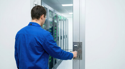 Fototapeta premium Man entering server room using keypad lock for security in data center with racks and equipment